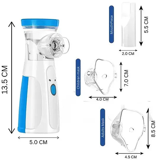 Inhaler device with measurements of different components on a white background