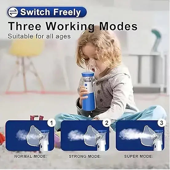Child using an inhaler device with 'Switch Freely' branding and three working modes displayed.
