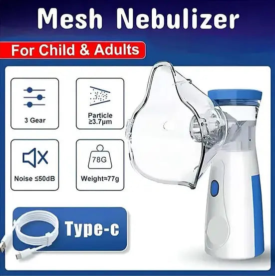 Mesh Nebulizer for Child & Adults with specifications on a blue background