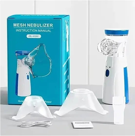 Mesh nebulizer with packaging and accessories on a white background