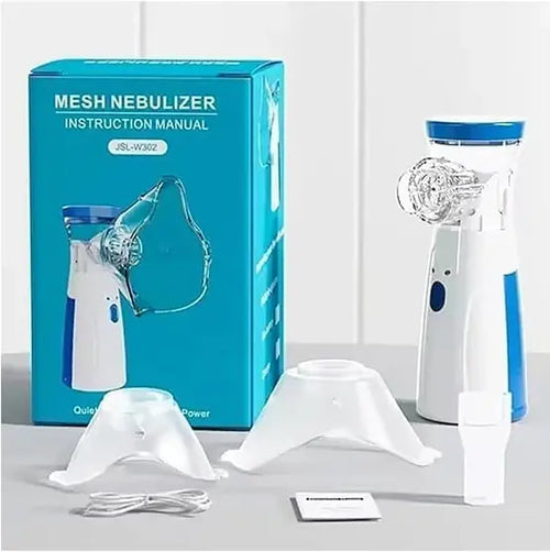 Mesh nebulizer with packaging and accessories on a white background